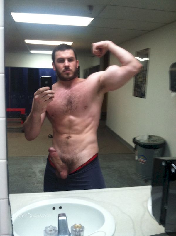 Masculine straight man flashing cocks and having fun totally naked in front of the mirror for Snapchat
